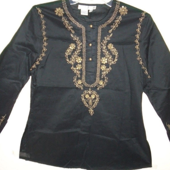 Ninety Tops - Vintage Beautifully Designed Cute Gold Peasant Beaded Sequin Embellish Top